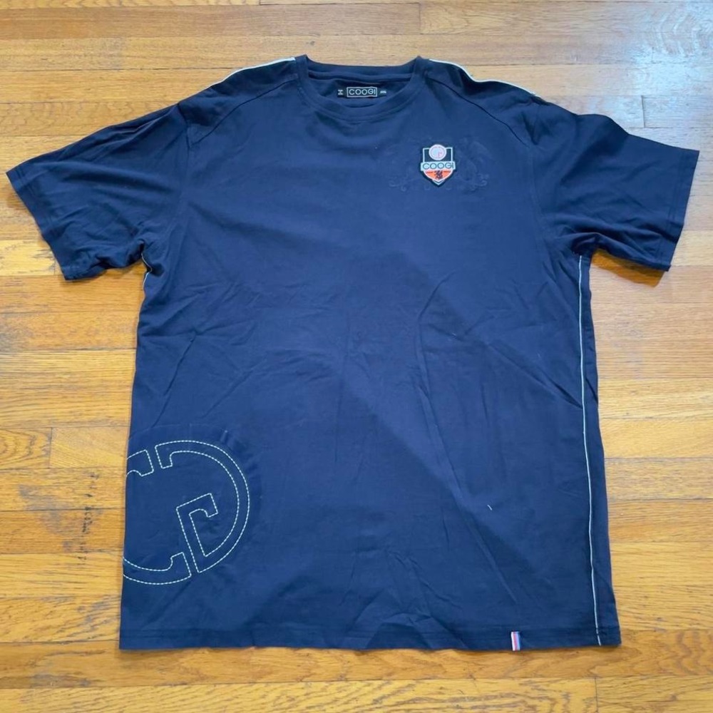 VTG 00s Coogi logo‎ embroidered suede flocked embossed tee shirt 3XL navy